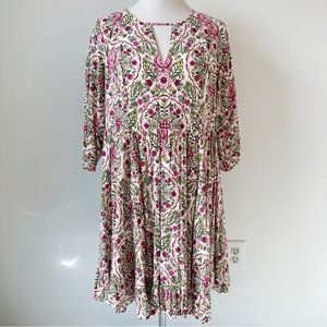 Torrid White Background Pink Floral Empire Waist Babydoll V Neck Swing Dress, 1